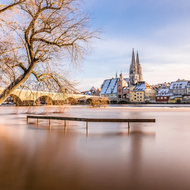 Winterlicher Blick über die Donau auf den Regensburger Dom St. Peter