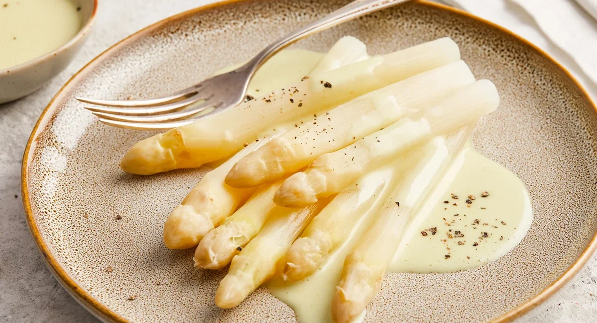 Weißer Spargel mit Sauce Hollandaise auf einem Teller angerichtet