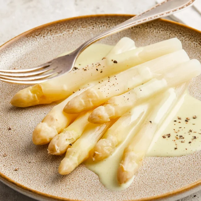 Weißer Spargel mit Sauce Hollandaise auf einem Teller angerichtet