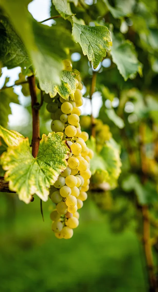 Weintrauben im Fokus in einem Weinberg in der Pfalz mit Reben im Hintergrund