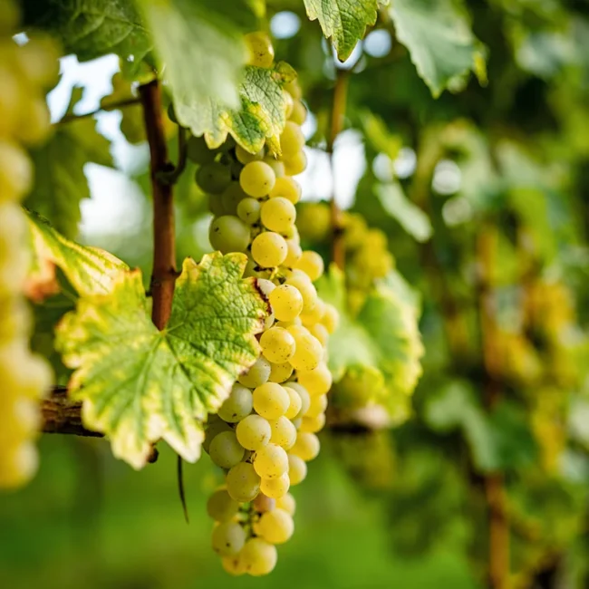 Weintrauben im Fokus in einem Weinberg in der Pfalz mit Reben im Hintergrund