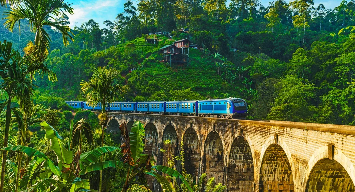 Ein Zug fährt über die Nine Arches Bridge bei Ella in Sri Lanka. Die steinerne Eisenbahnbrücke liegt in einer grünen Landschaft.