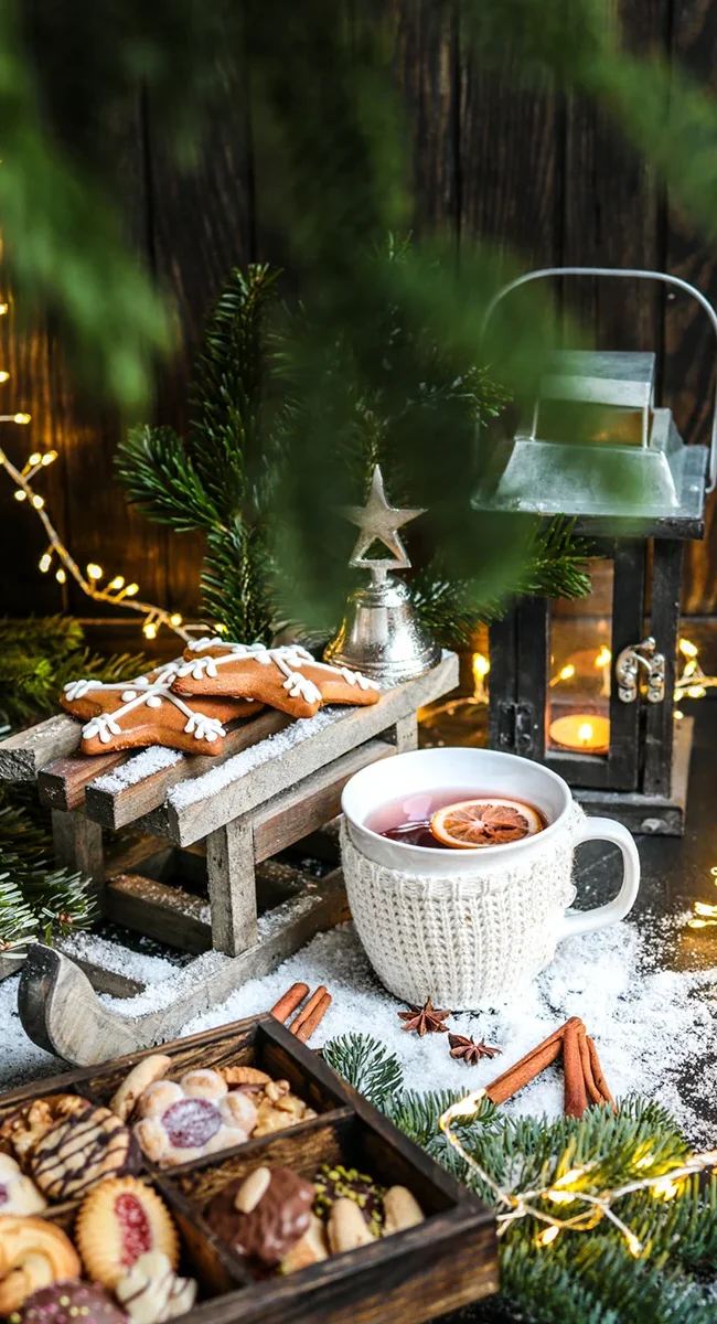 Ein gemütliches Advents-Dekosetting mit einer Tasse Glühwein, Plätzchen, einer Laterne und einer leuchtenden Lichterkette.