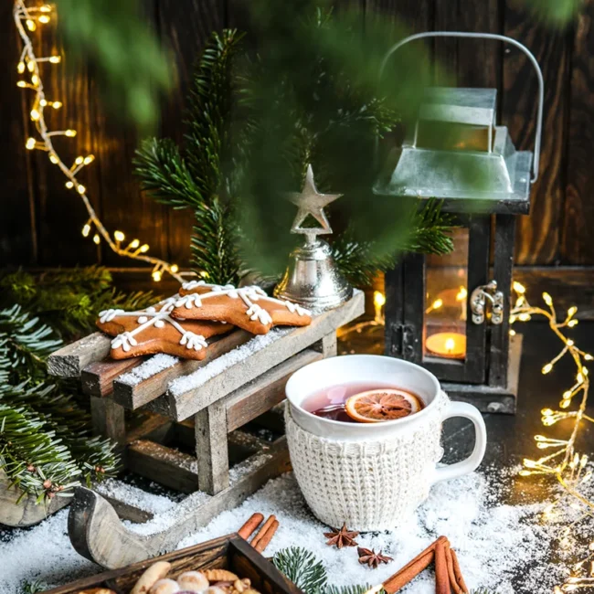 Ein gemütliches Advents-Dekosetting mit einer Tasse Glühwein, Plätzchen, einer Laterne und einer leuchtenden Lichterkette.