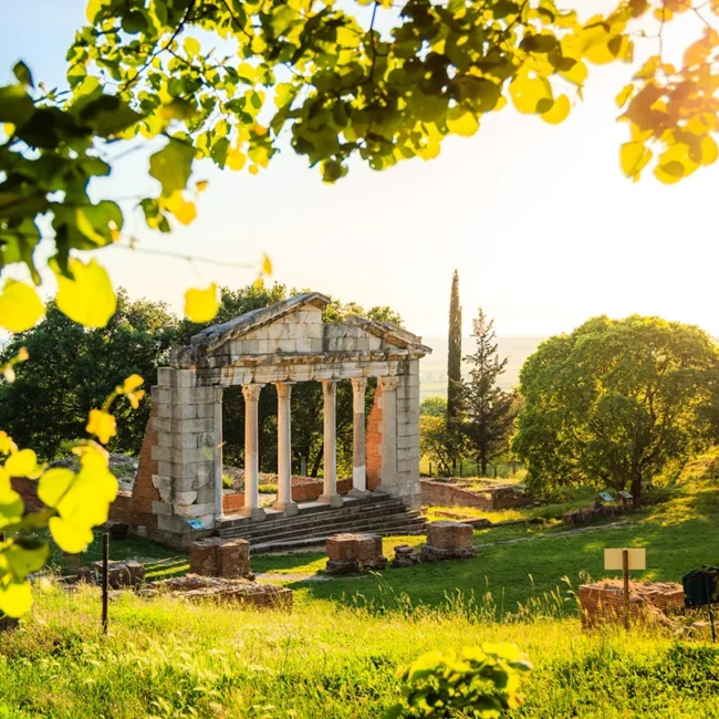 Die sonnendurchfluteten Ruinen des antiken Bouleuterions im Archäologischen Park Apollonia in Albanien, umgeben von grüner Landschaft.