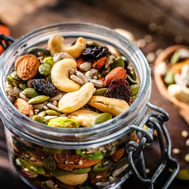 Seeberger Nüsse und Saaten in einem Glas als gesunder Snack angerichtet