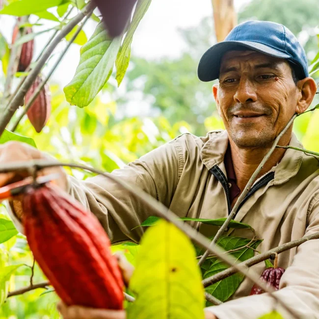 Nahaufnahme eines Mannes bei der Ernte von roten Kakao-Bohnen in Costa Rica