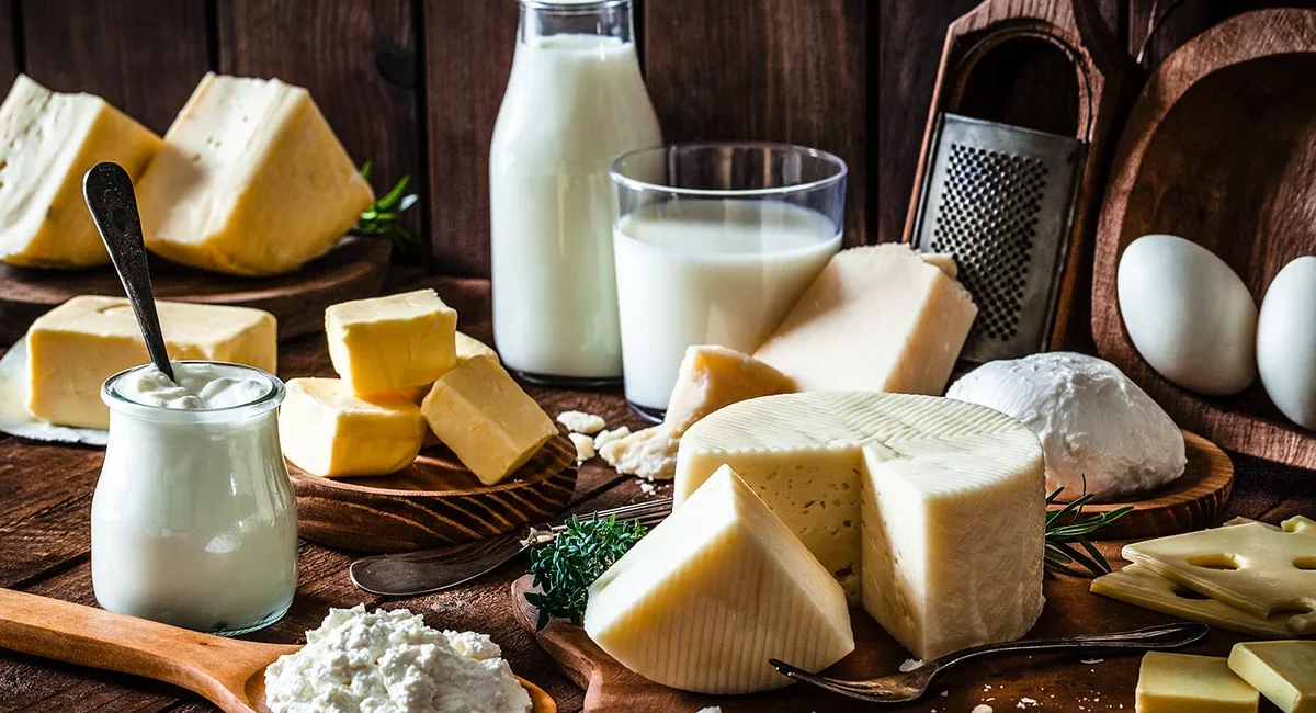 Eine Auswahl verschiedener Milchprodukte wie Käse, Milch, Butter und Joghurt, die rustikal auf einer Holzoberfläche angerichtet sind.