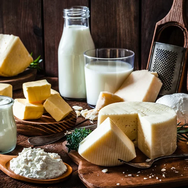 Eine Auswahl verschiedener Milchprodukte wie Käse, Milch, Butter und Joghurt, die rustikal auf einer Holzoberfläche angerichtet sind.