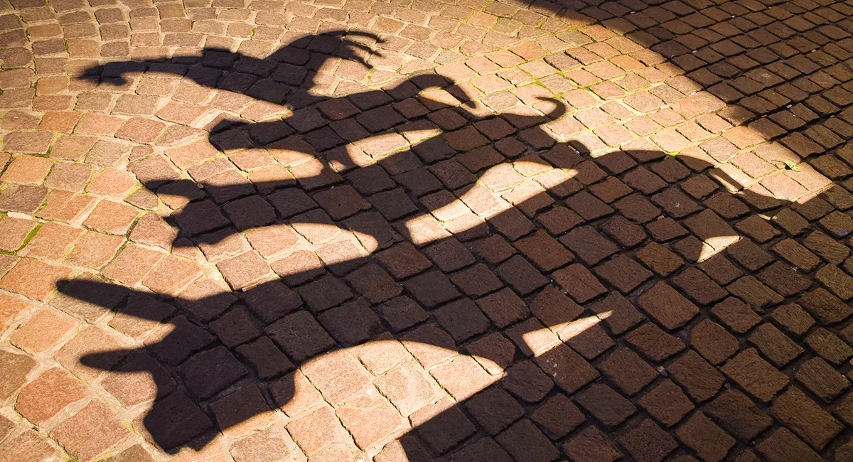 Der Schatten der berühmten Skulptur der Bremer Stadtmusikanten auf Kopfsteinpflaster.