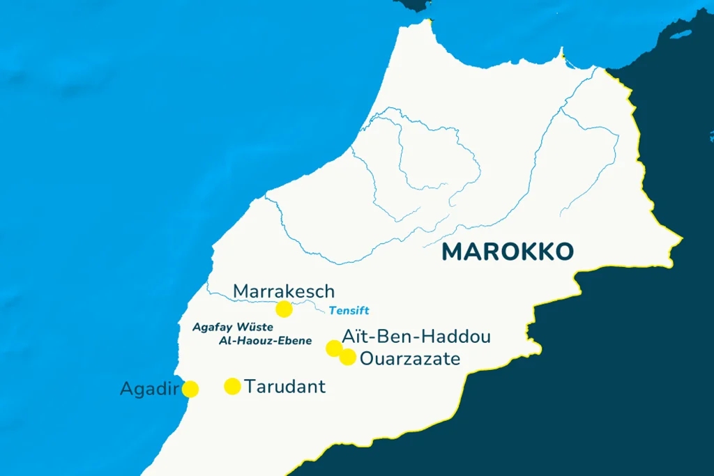 Die Landkarte von Marokko mit den Reisezielen.