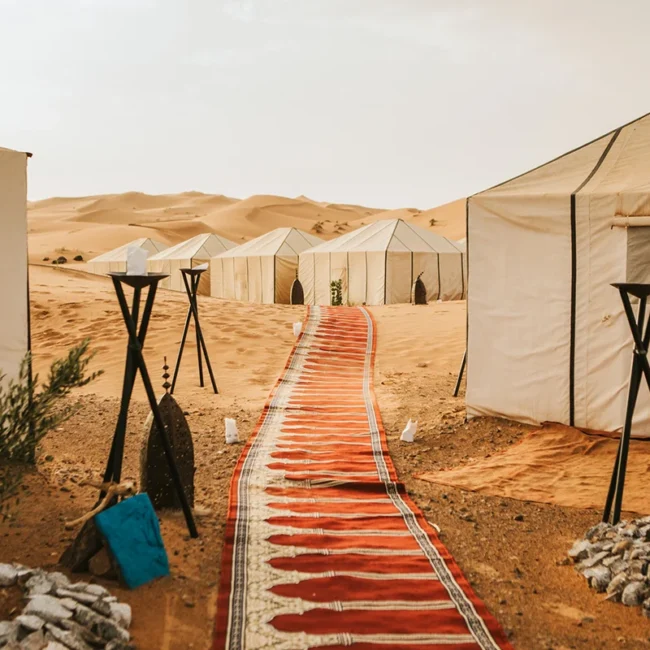 Ein luxuriöses Wüstencamp mit sandfarbenen Zelten und einem langen, roten Teppichläufer, das inmitten der sanften Dünen in Marokko zur Entspannung einlädt.