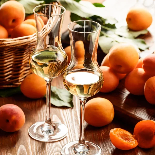 Zwei gefüllte Edelbrandgläser mit Marillenschnaps auf einem rustikalen Holztisch mit vielen frischen Marillen in der Wachau.