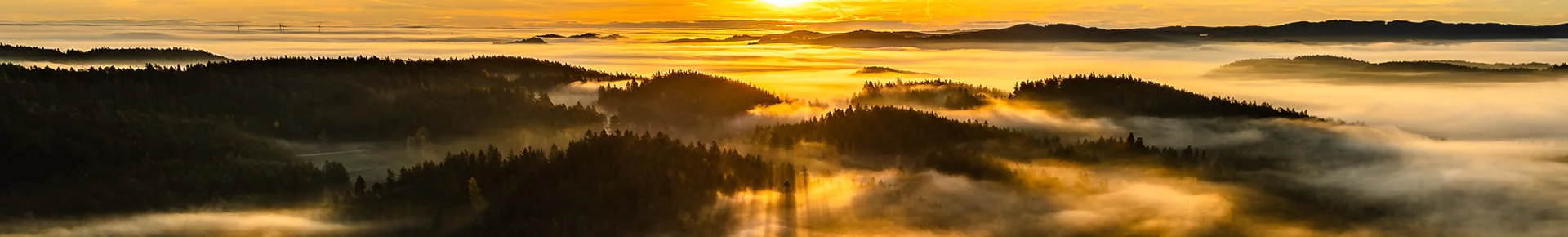 Ein stimmungsvoller Sonnenuntergang im österreichischen Waldviertel, während die Täler unter einem dichten, golden leuchtenden Nebelmeer verschwinden.